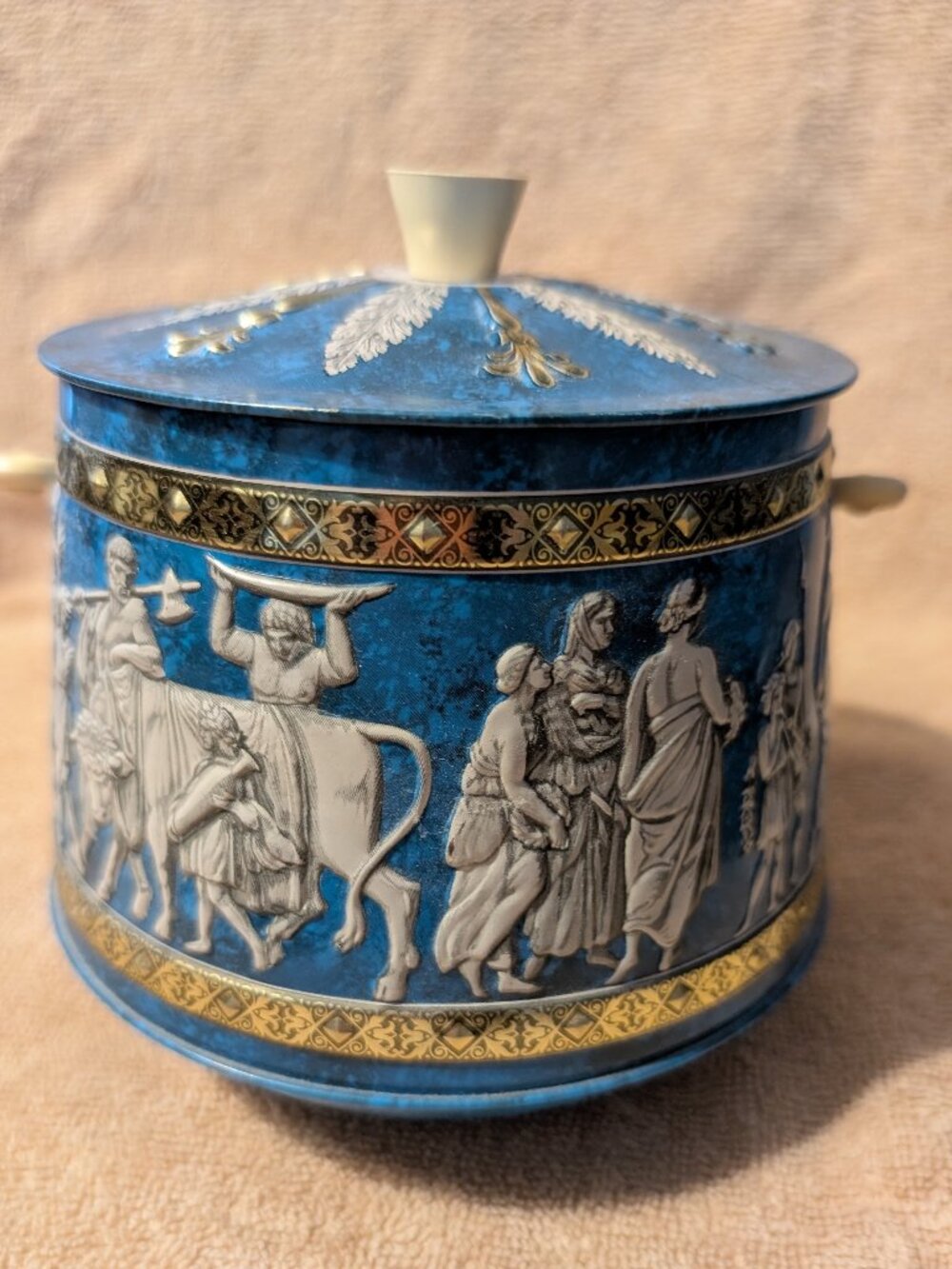 Vintage Greek Design Footed Biscuit Tin with lid